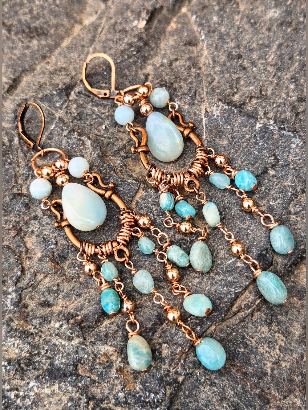 Natural Amazonite In Handcrafted Artisan Antique Copper Boho Chandelier Earrings